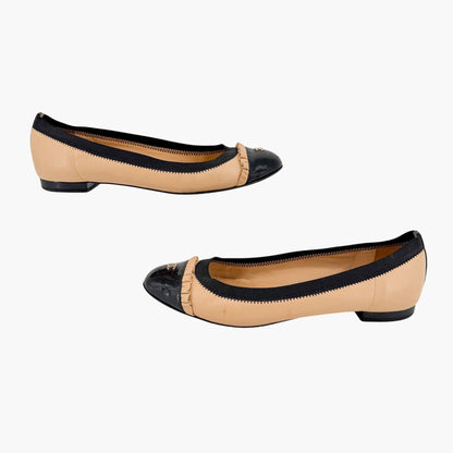Chanel CC Cap Toe Ruffle Ballet Flats Beige Size 39.5