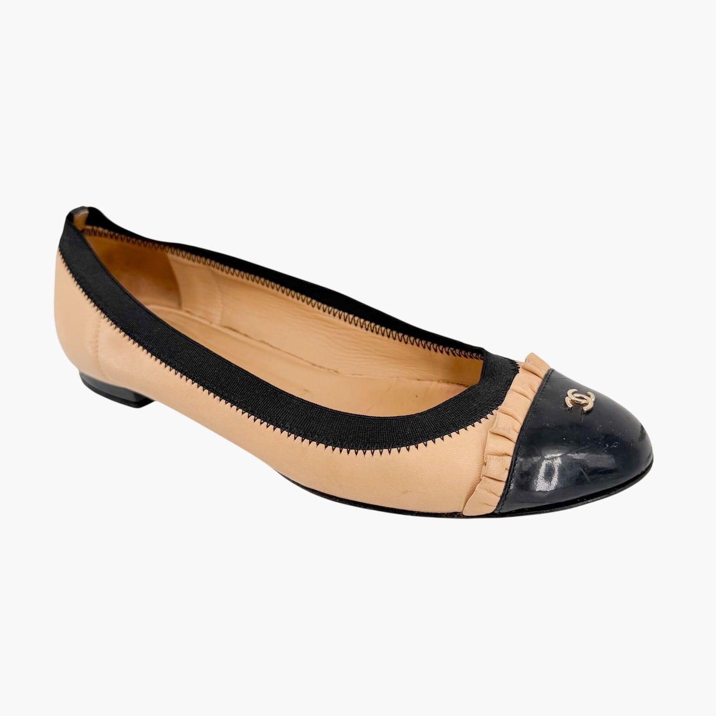 Chanel CC Cap Toe Ruffle Ballet Flats Beige Size 39.5