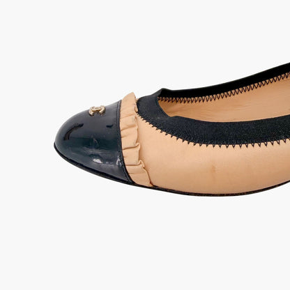 Chanel CC Cap Toe Ruffle Ballet Flats Beige Size 39.5