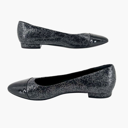 Chanel Cap Toe CC Ballerina Flats in Black & Silver Leather – Size 37.5