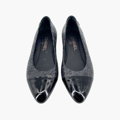 Chanel Cap Toe CC Ballerina Flats in Black & Silver Leather – Size 37.5