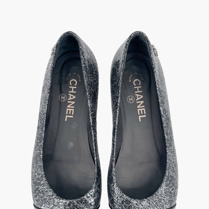 Chanel Cap Toe CC Ballerina Flats in Black & Silver Leather – Size 37.5