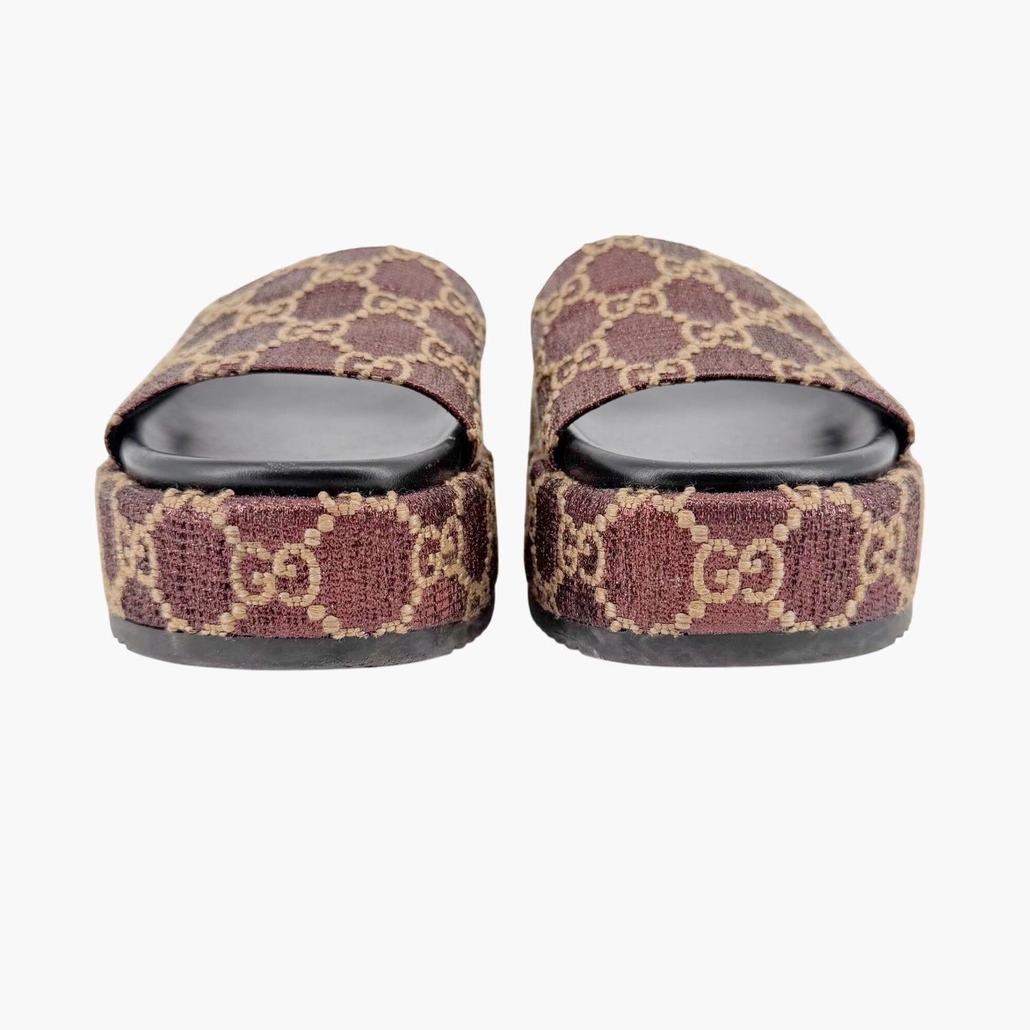 Gucci Angelina Platform Slide Sandals in Metallic Bronze CC Jacquard Size 37