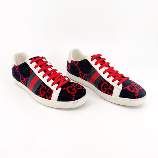 Gucci Ace Sneakers in Navy & Red GG Monogram Corduroy Fabric Size 38