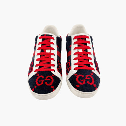 Gucci Ace Sneakers in Navy & Red GG Monogram Corduroy Fabric Size 38