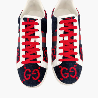 Gucci Ace Sneakers in Navy & Red GG Monogram Corduroy Fabric Size 38