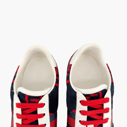 Gucci Ace Sneakers in Navy & Red GG Monogram Corduroy Fabric Size 38