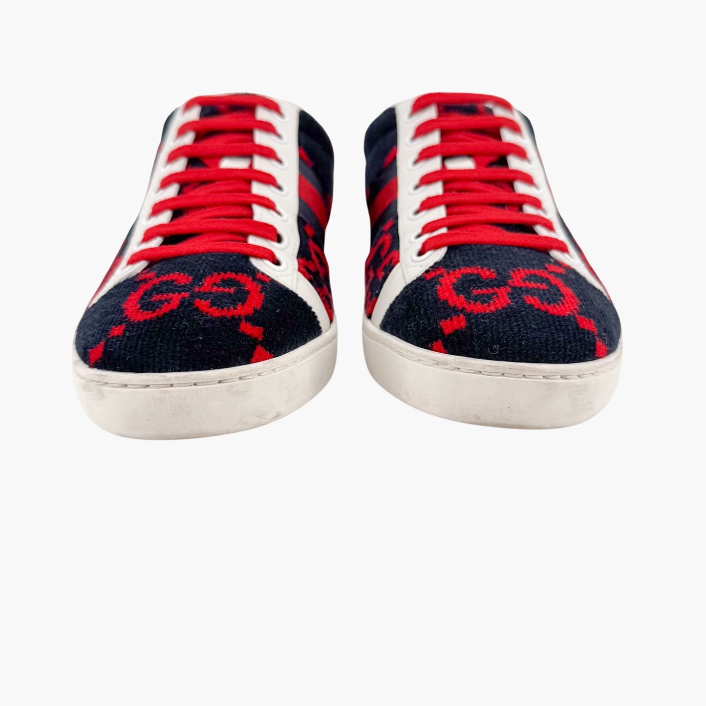 Gucci Ace Sneakers in Navy & Red GG Monogram Corduroy Fabric Size 38