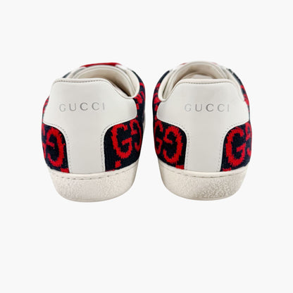 Gucci Ace Sneakers in Navy & Red GG Monogram Corduroy Fabric Size 38