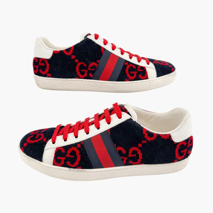 Gucci Ace Sneakers in Navy & Red GG Monogram Corduroy Fabric Size 38