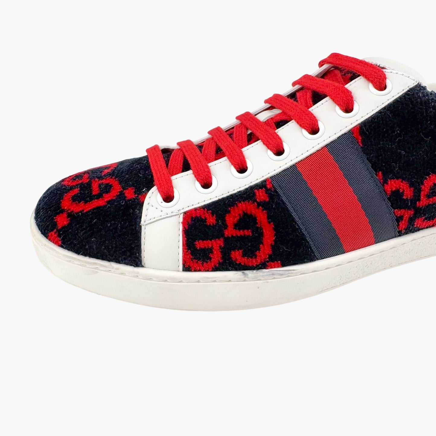 Gucci Ace Sneakers in Navy & Red GG Monogram Corduroy Fabric Size 38