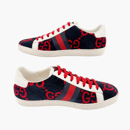 Gucci Ace Sneakers in Navy & Red GG Monogram Corduroy Fabric Size 38