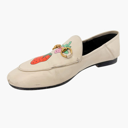 Gucci Strawberry Print Brixton Horsebit Loafer in Cream/White Size 38