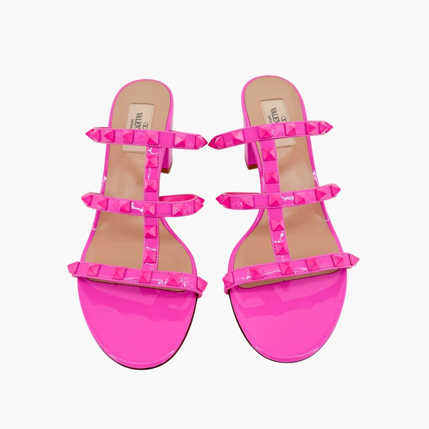 Valentino Garavani Rockstud 60mm Slide Mule Sandals in Pink Patent Leather Size 38.5
