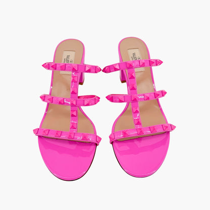 Valentino Garavani Rockstud 60mm Slide Mule Sandals in Pink Patent Leather Size 38.5