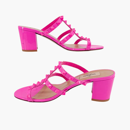 Valentino Garavani Rockstud 60mm Slide Mule Sandals in Pink Patent Leather Size 38.5