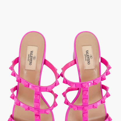 Valentino Garavani Rockstud 60mm Slide Mule Sandals in Pink Patent Leather Size 38.5