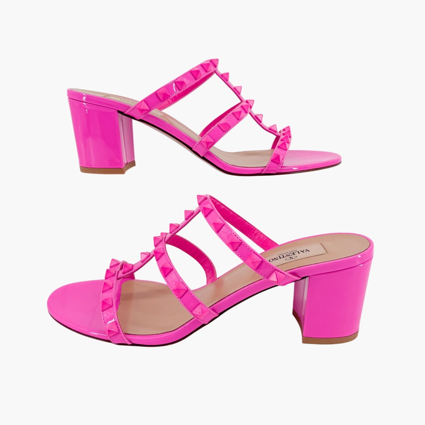Valentino Garavani Rockstud 60mm Slide Mule Sandals in Pink Patent Leather Size 38.5