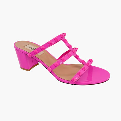 Valentino Garavani Rockstud 60mm Slide Mule Sandals in Pink Patent Leather Size 38.5