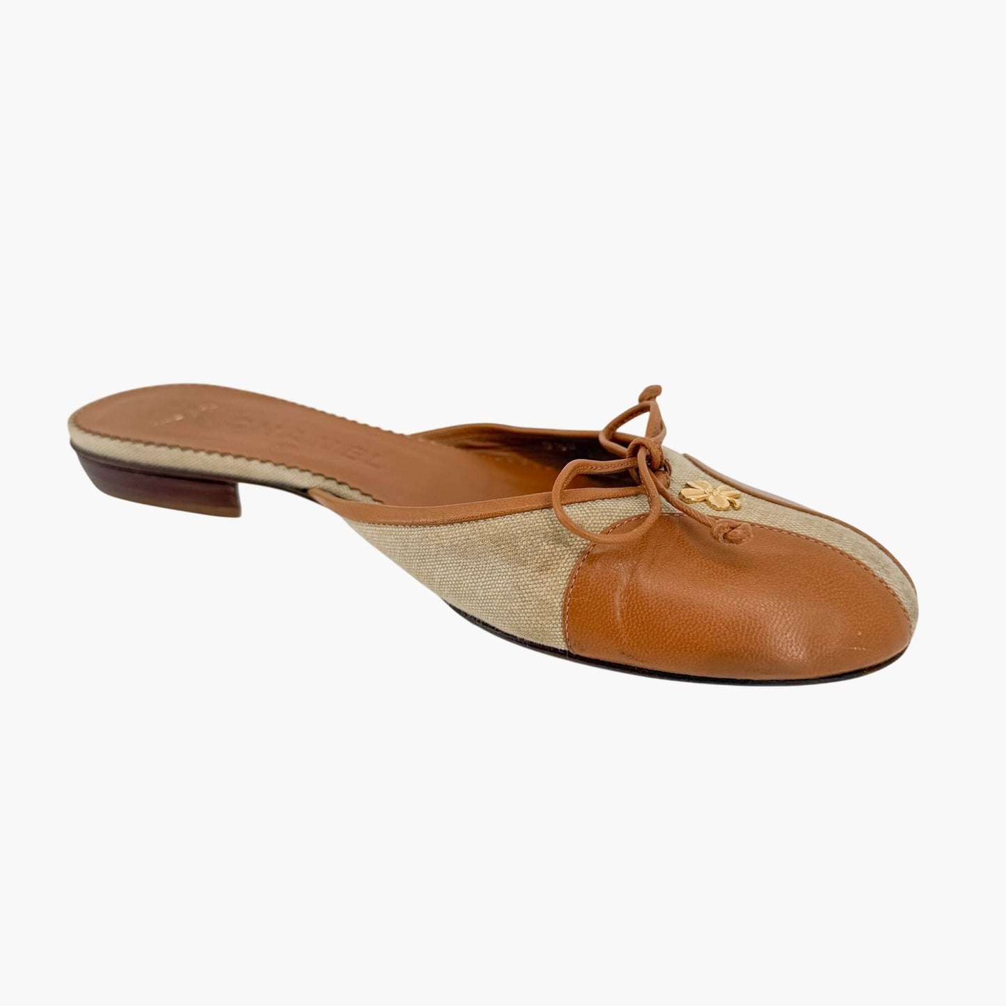 Chanel Vintage Clover CC Mule Flats in Beige Canvas & Leather Size 38.5