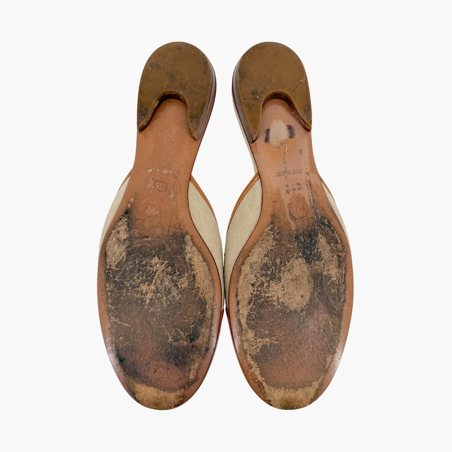 Chanel Vintage Clover CC Mule Flats in Beige Canvas & Leather Size 38.5