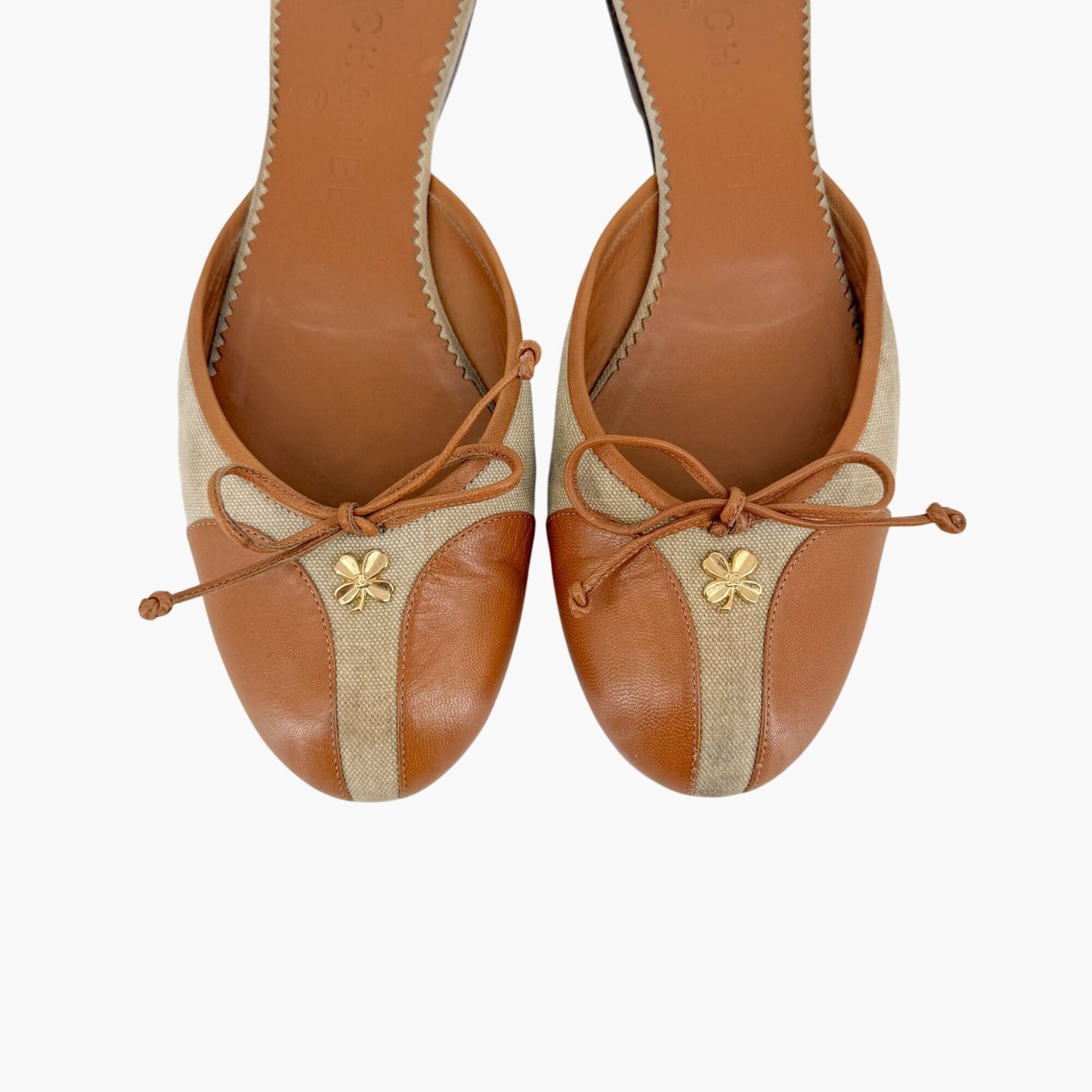 Chanel Vintage Clover CC Mule Flats in Beige Canvas & Leather Size 38.5