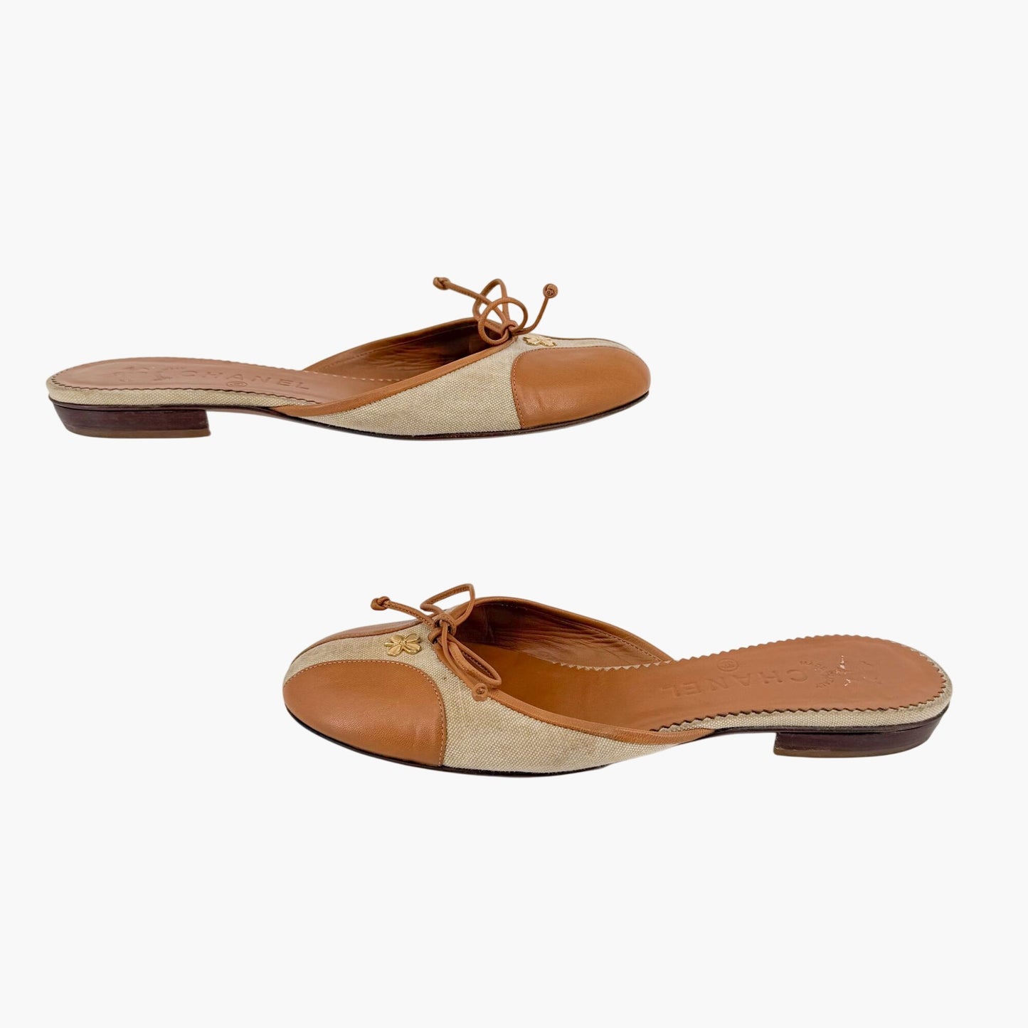 Chanel Vintage Clover CC Mule Flats in Beige Canvas & Leather Size 38.5