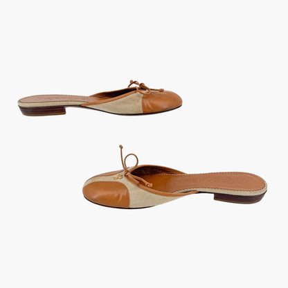 Chanel Vintage Clover CC Mule Flats in Beige Canvas & Leather Size 38.5