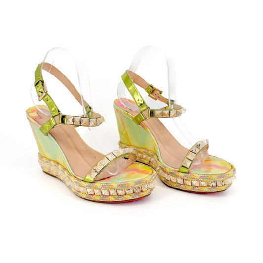 Christian Louboutin Pyraclou Studded Wedge Sandals Green Size 41