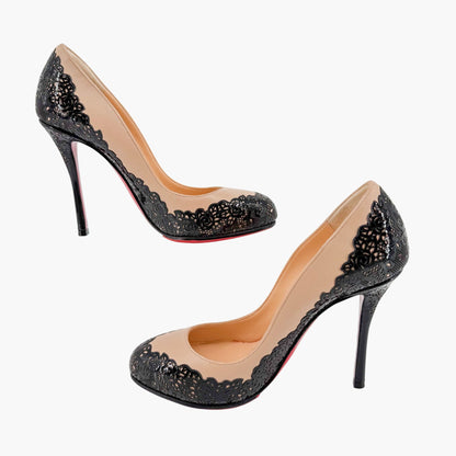 Christian Louboutin Muchapump 100 Floral Lace Pumps in Nude Nappa and Black Patent Size 37