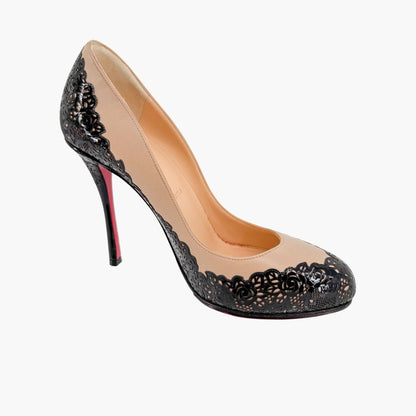 Christian Louboutin Muchapump 100 Floral Lace Pumps in Nude Nappa and Black Patent Size 37
