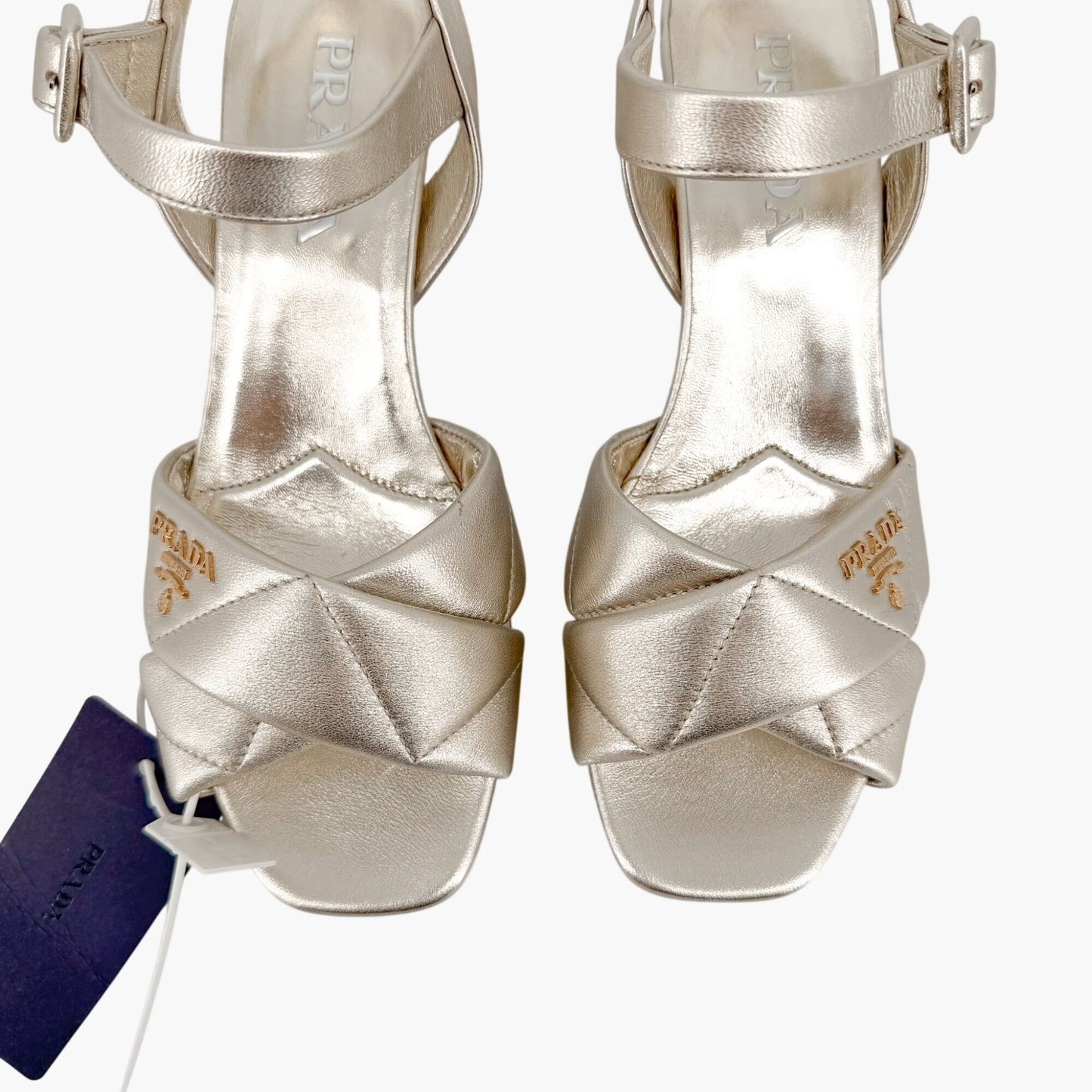 Prada Quilted Logo Platform Sandals in Metallic Gold Leather Size 38