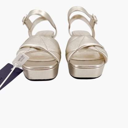 Prada Quilted Logo Platform Sandals in Metallic Gold Leather Size 38