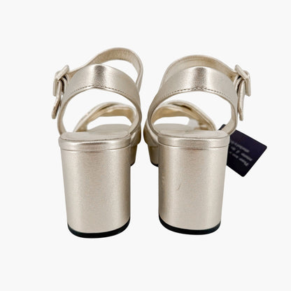 Prada Quilted Logo Platform Sandals in Metallic Gold Leather Size 38