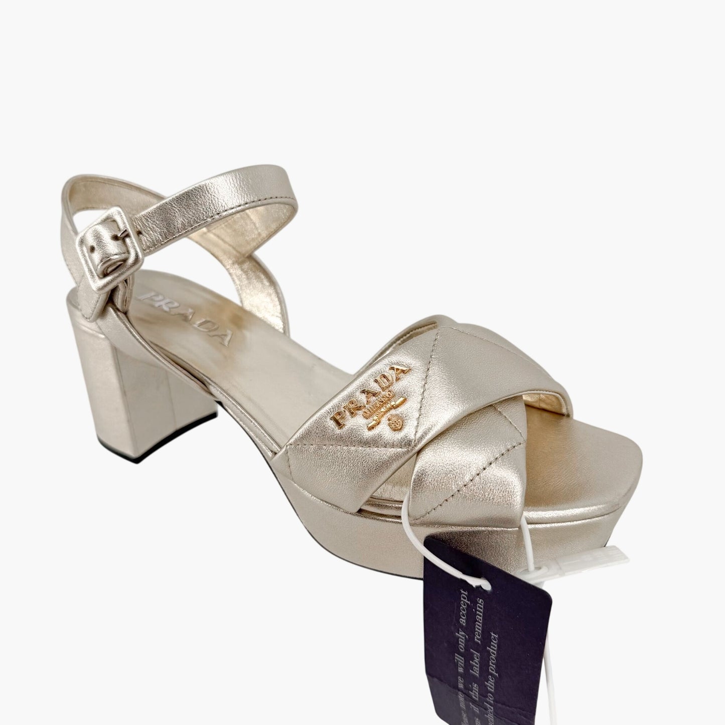 Prada Quilted Logo Platform Sandals in Metallic Gold Leather Size 38