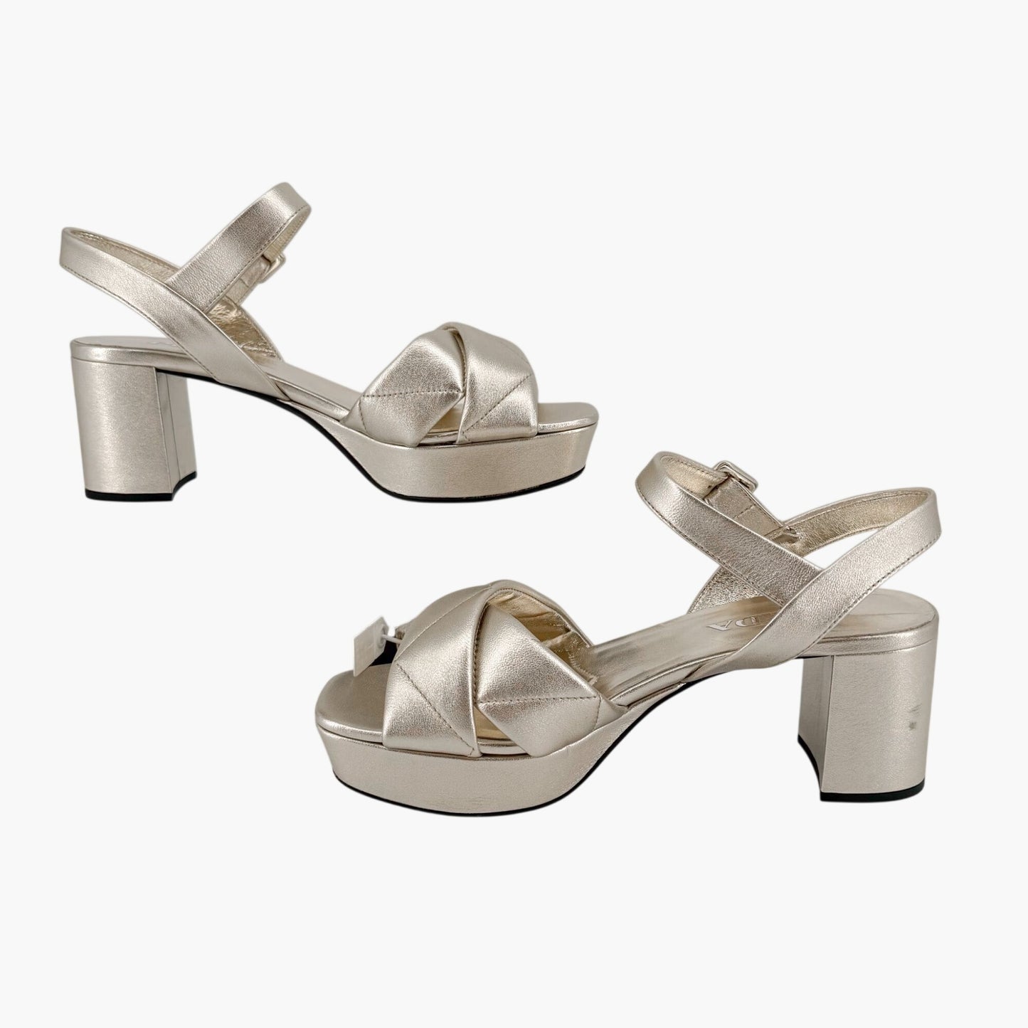 Prada Quilted Logo Platform Sandals in Metallic Gold Leather Size 38