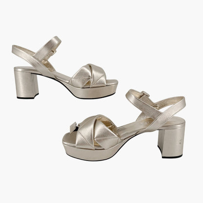 Prada Quilted Logo Platform Sandals in Metallic Gold Leather Size 38