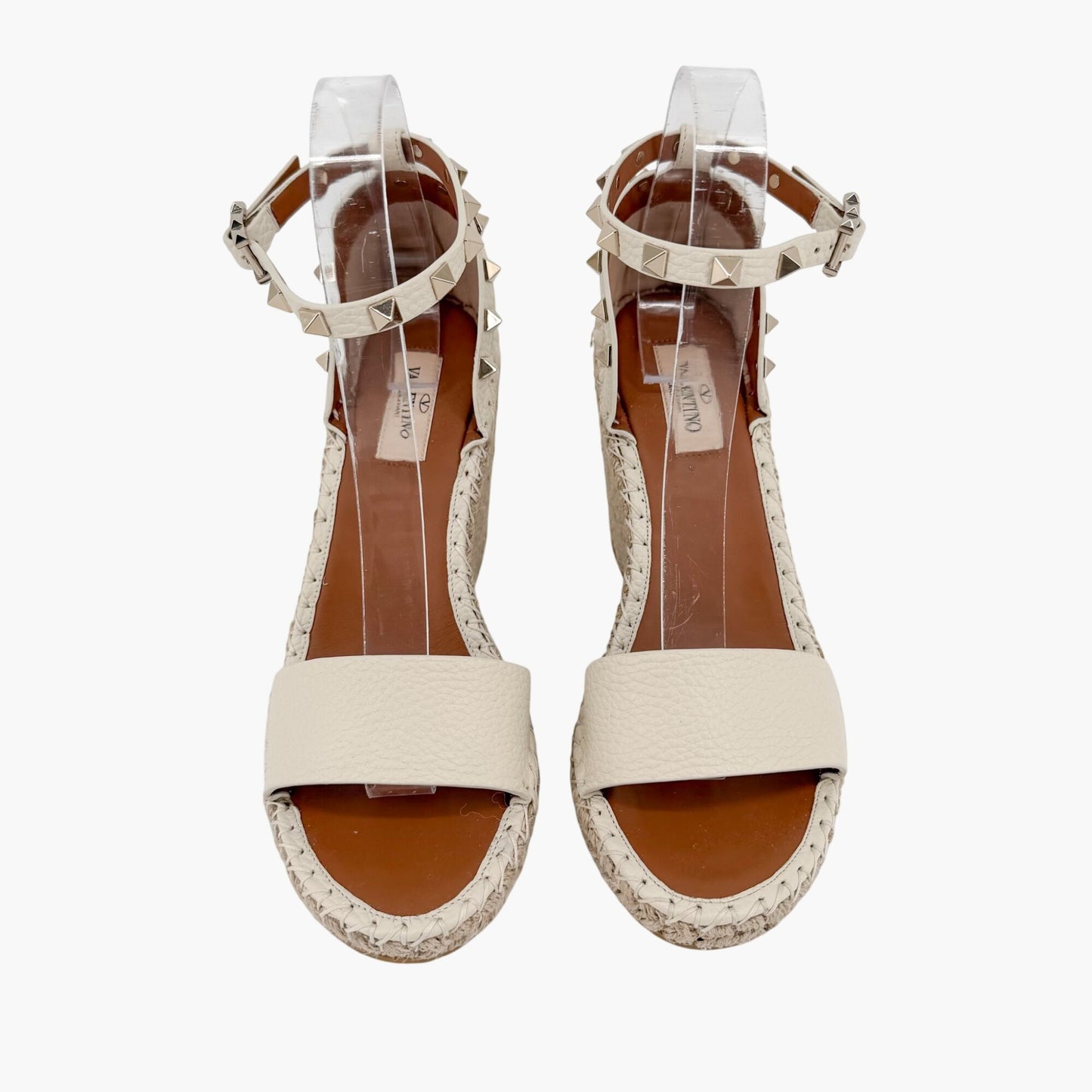 Valentino Garavani Rockstud Espadrille Wedge Sandals in White Leather Size 39