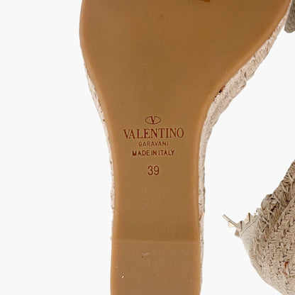 Valentino Garavani Rockstud Espadrille Wedge Sandals in White Leather Size 39