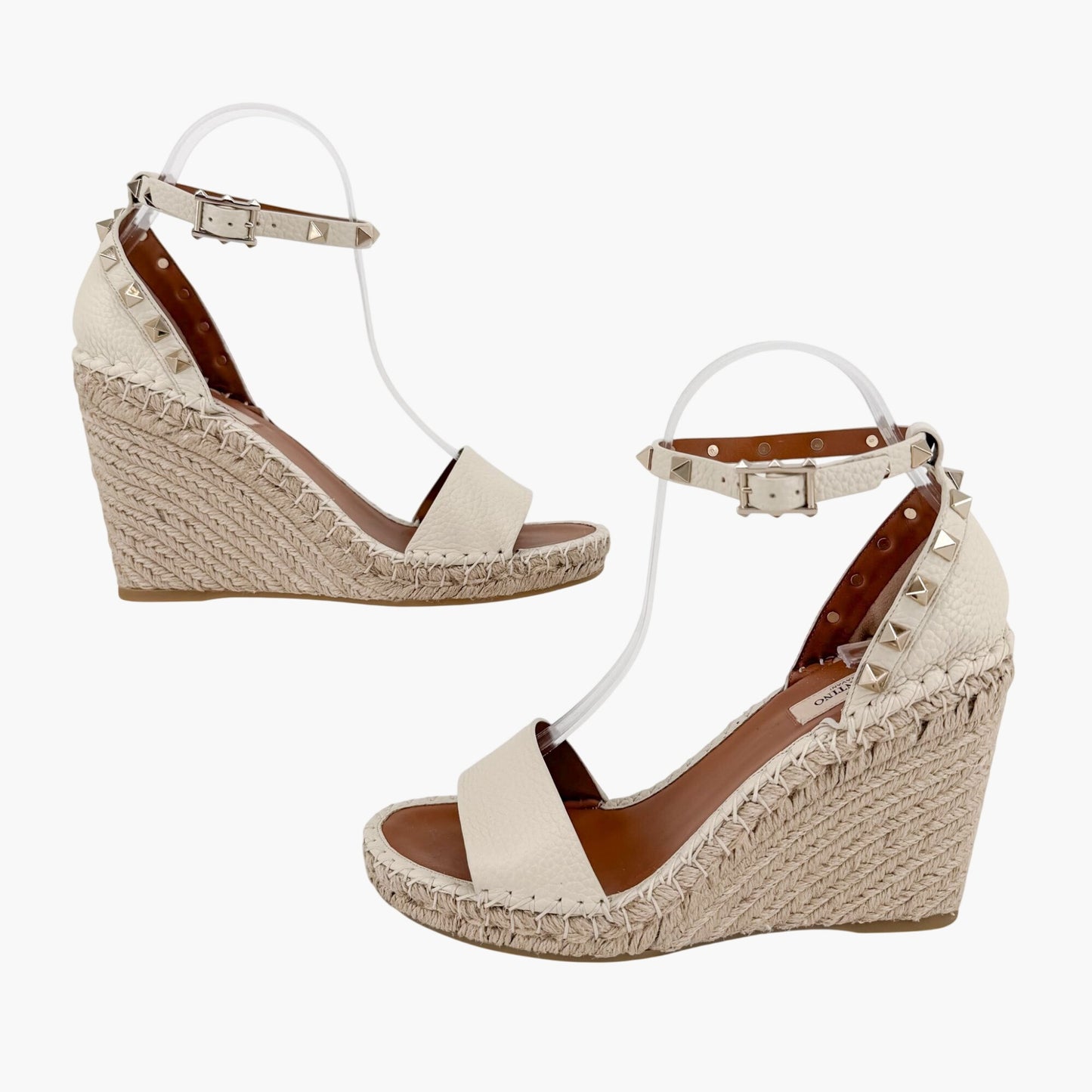 Valentino Garavani Rockstud Espadrille Wedge Sandals in White Leather Size 39