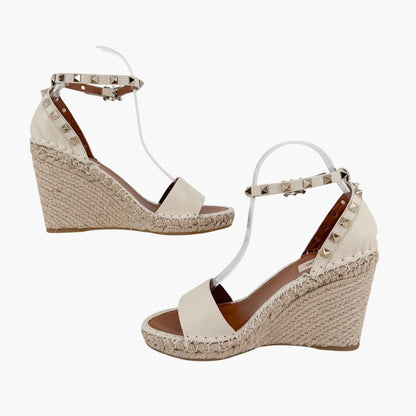 Valentino Garavani Rockstud Espadrille Wedge Sandals in White Leather Size 39