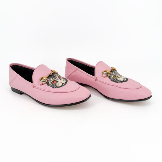 Gucci Mystic Cat Brixton Horsebit Loafers Pink Leather Size 37.5