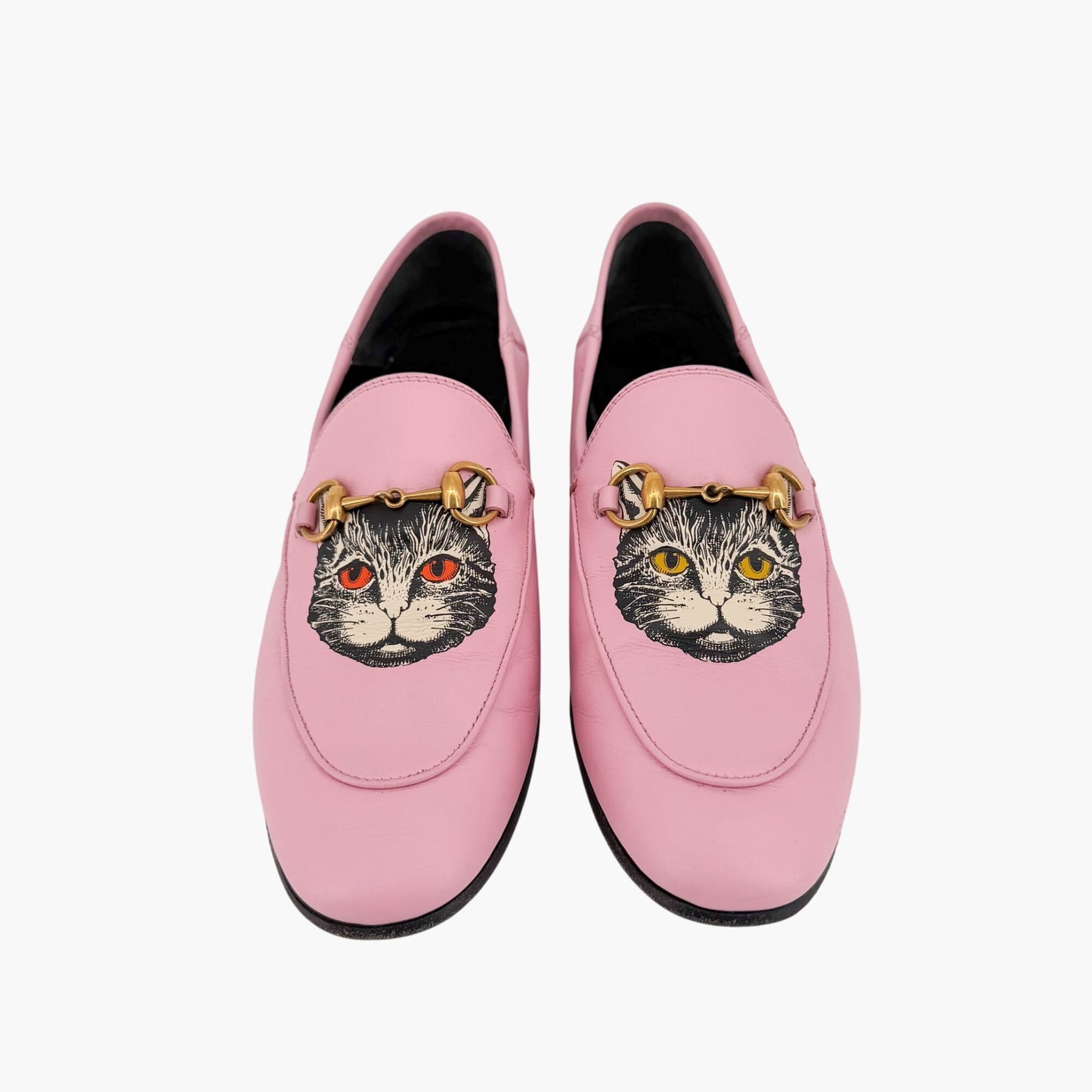 Gucci Mystic Cat Brixton Horsebit Loafers Pink Leather Size 37.5