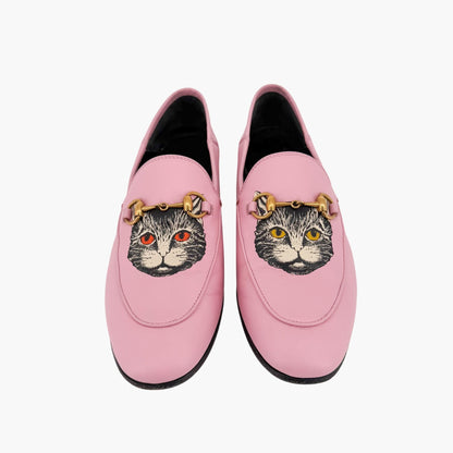 Gucci Mystic Cat Brixton Horsebit Loafers Pink Leather Size 37.5