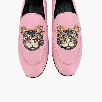 Gucci Mystic Cat Brixton Horsebit Loafers Pink Leather Size 37.5
