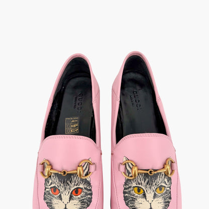 Gucci Mystic Cat Brixton Horsebit Loafers Pink Leather Size 37.5