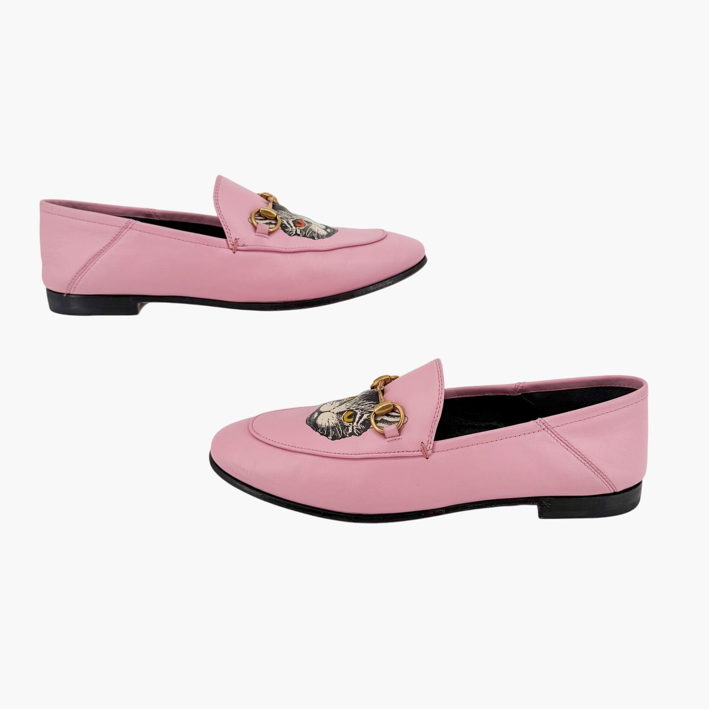 Gucci Mystic Cat Brixton Horsebit Loafers Pink Leather Size 37.5