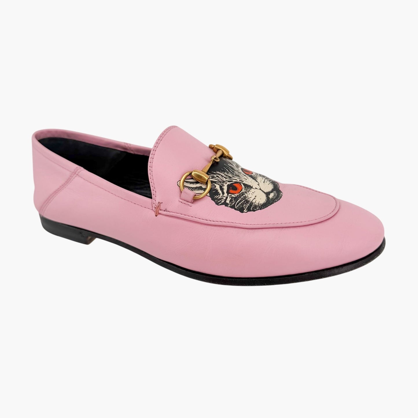 Gucci Mystic Cat Brixton Horsebit Loafers Pink Leather Size 37.5