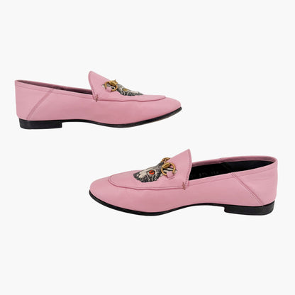 Gucci Mystic Cat Brixton Horsebit Loafers Pink Leather Size 37.5