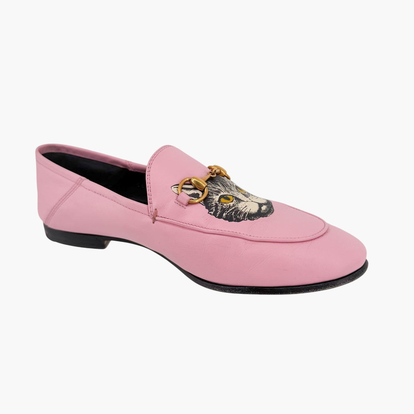 Gucci Mystic Cat Brixton Horsebit Loafers Pink Leather Size 37.5